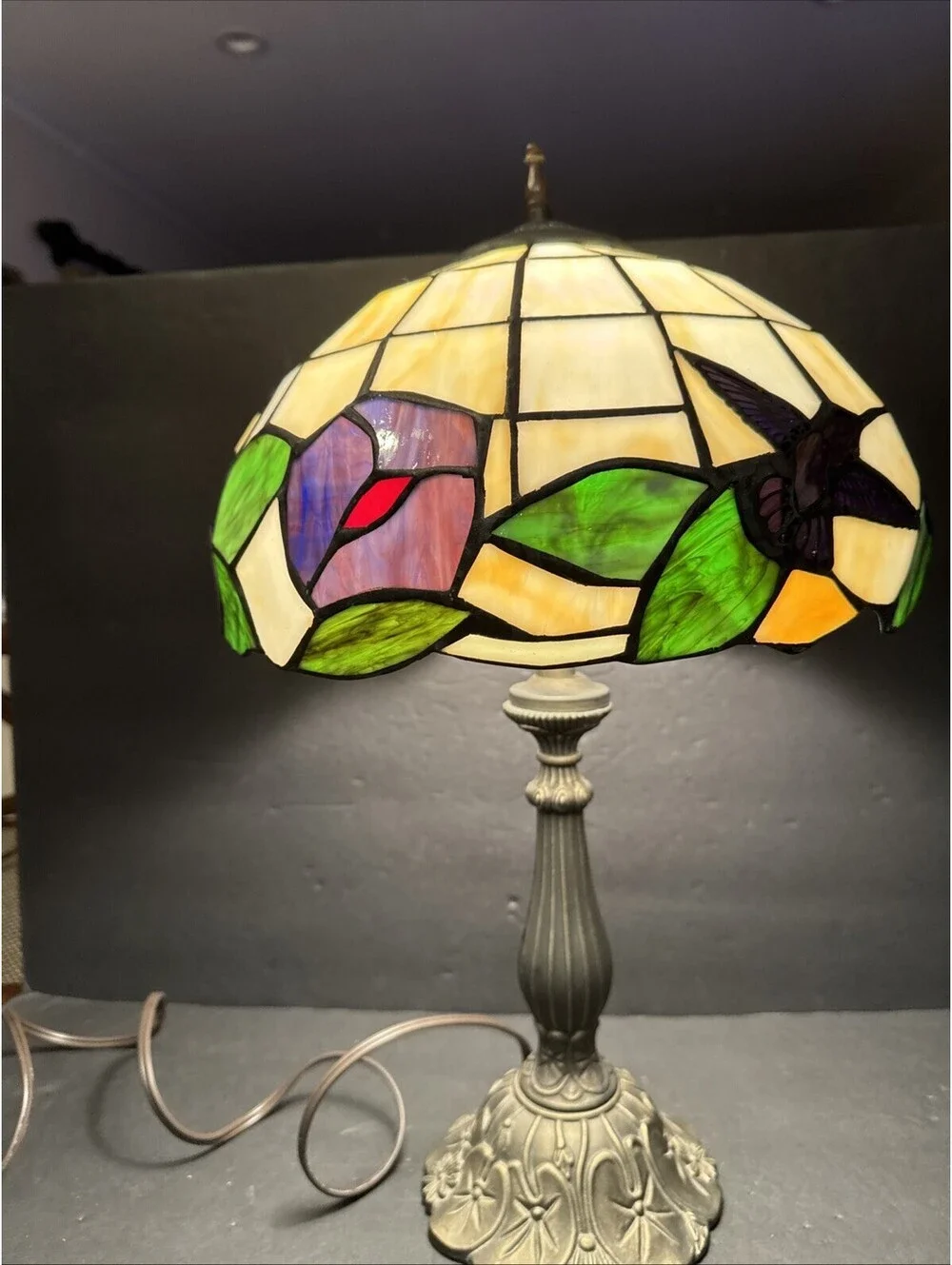 Vintage 19” Tiffany-Style Table Lamp with Hummingbird And Floral Stained Glass
